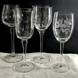 4 Mismatched Cordials Cocktail Glasses vtg mixed etched cut glassware party0706